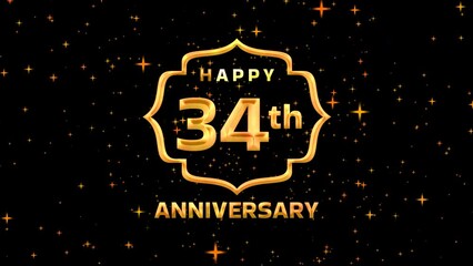 Happy 34th Anniversary animation text in gold color on particles glitter background. Suitables for anniversary greeting card. 4k video.