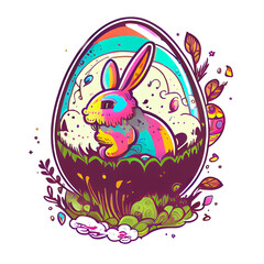 Easter Day Concept. Watercolor easter bunny in the eggs, elements illustrations, cartoon holiday painted transparent background, Generative AI