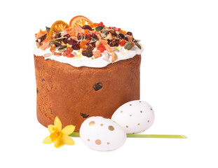 Traditional Easter cake with dried fruits and painted eggs isolated on white