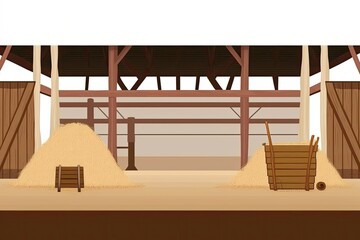 illustration of a farm stable or barn interior with a sand floor and haystacks on a wooden ranch. Farmhouse or stable with horse stalls or an agricultural barn inside on a white backdrop. Generative
