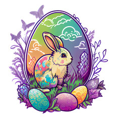 Easter Day Concept. Watercolor easter bunny in the eggs, elements illustrations, cartoon holiday painted transparent background, Generative AI