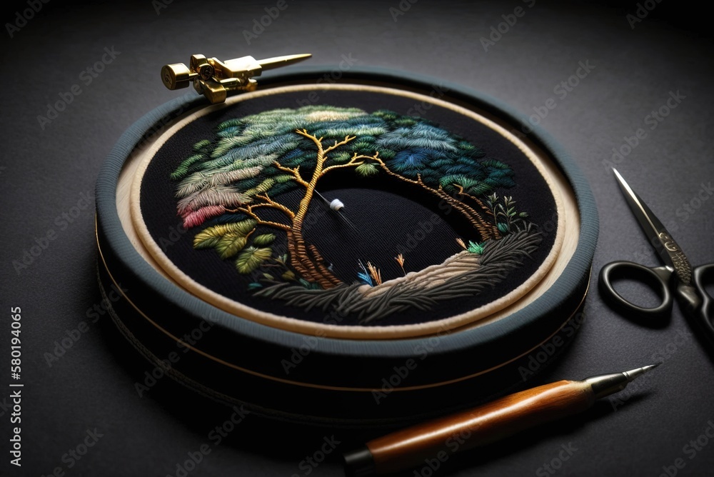 Poster the needle and canvas are stored in a circular hoop. generative ai