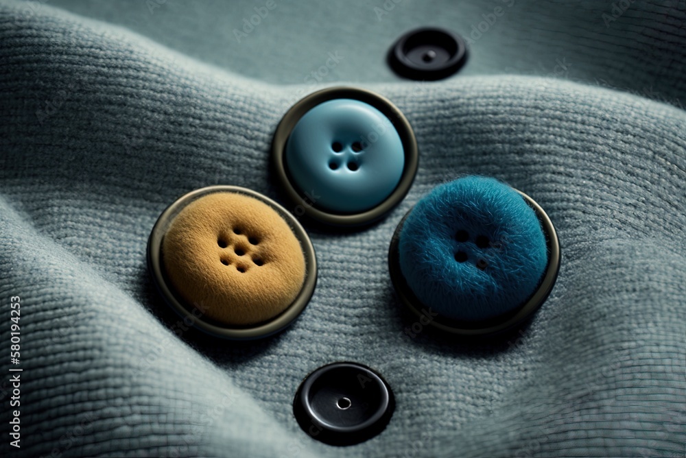 Poster embroidered in gray and blue, with three buttons generative ai