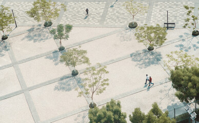 Drone view of an urban landscaped garden in Dubai, with limestone, granite, and basalt featuring immaculate trees with green foliage, their lush treetops decorating the sidewalk and people passing by