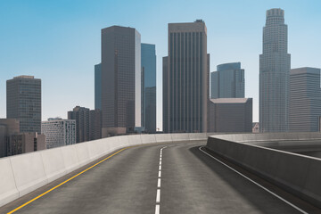 Fototapeta na wymiar Empty urban asphalt road exterior with city buildings background. New modern highway concrete construction. Concept of way to success. Transportation logistic industry fast delivery. Los Angeles. USA.