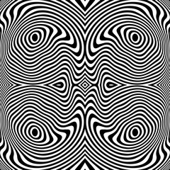 Black abstract wavy psychedelic stripes. Optical illusion. Vector. Line art pattern. Trendy design element for posters, social media, logo, frames, broshure, promotion, flyer, covers, banners