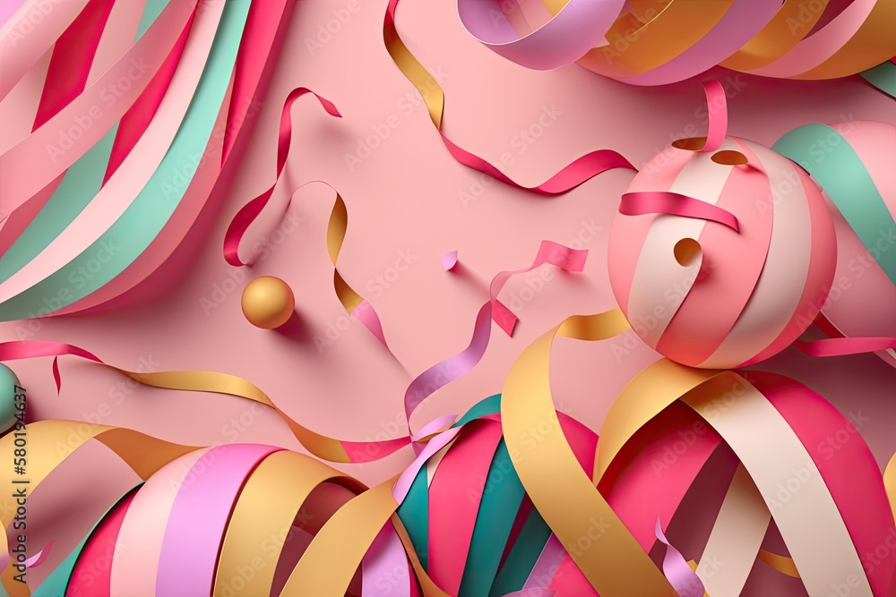 Poster pink background with colorful party streamers. idea of a party or festivity. lay flat. generative ai
