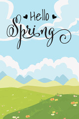 Hello Spring card. Flowers blooming in meadow under blue sky, illustration