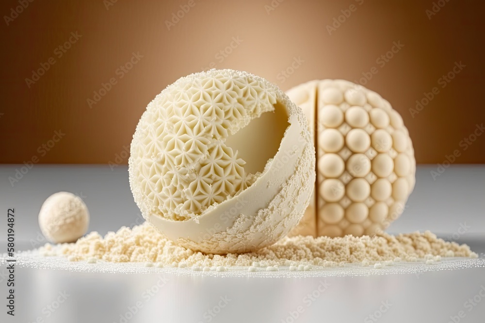 Poster coconut and white chocolate spheres crafted by hand. creating a scrumptious and nutritious sweet. ra