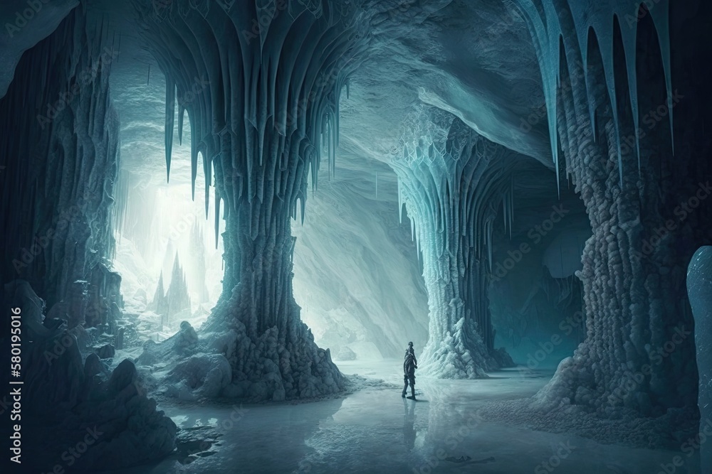 Poster a frozen cavern, with icicles hanging from the ceiling and stalactites forming intricate patterns on the floor., created with generative ai