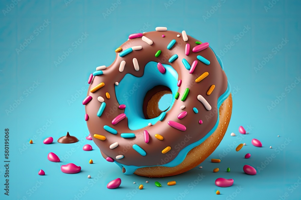 Poster fast meal concept with little background. toon doughnut on a blue background. each each component ha