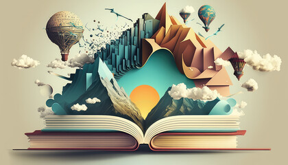 Books and Knowledge imagination composition - Generative AI illustration - obrazy, fototapety, plakaty