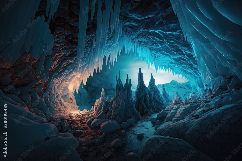 Wall mural a wide view of a vast frozen cavern with ice stalactites and stalagmites, illuminated by the glow of blue led lights., created with generative ai