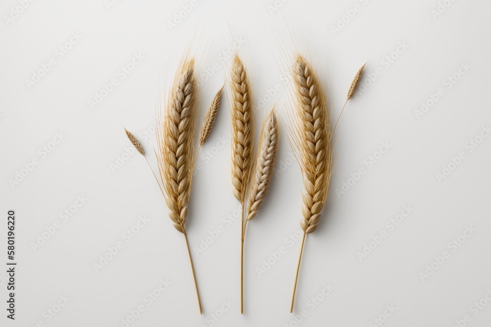 Poster a white backdrop with three individual wheat spikelets. generative ai