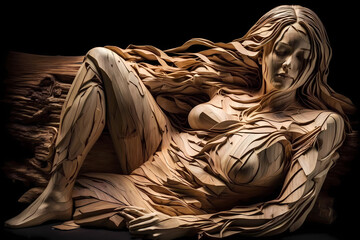 Woman Body Carved Out of Wood (Generative AI)