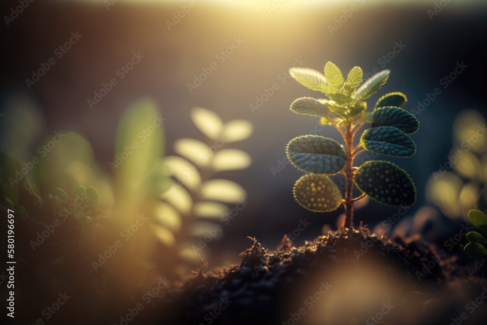 Poster green nature bokeh background with a young plant developing in it at sunrise; an ecological business
