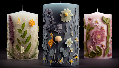 Shaped Botanical candles decorated with unusual_flowers Ai generated image