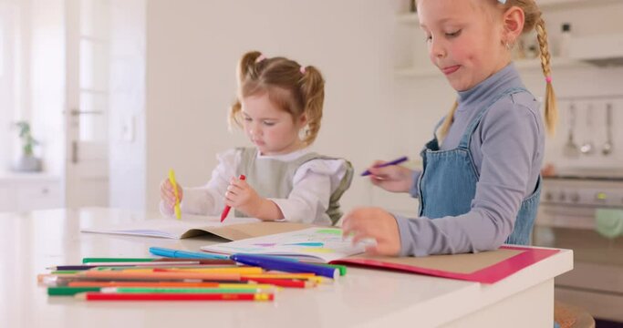 Pencil drawing, girl and home coloring book of children learning colors, fun and draw. Happy kids siblings with a youth sketch experience in a house living room kitchen with a picture in a household