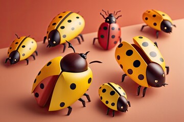 Ladybug shaped colored wooden figurines on a yellow backdrop. Generative AI