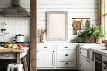 Farmhouse style blank mock up poster frame in the kitchen's decor, generative AI - obrazy, fototapety, plakaty