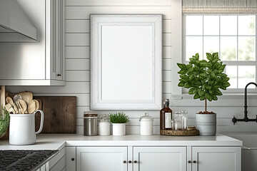 Farmhouse style blank mock up poster frame in the kitchen's decor, generative AI