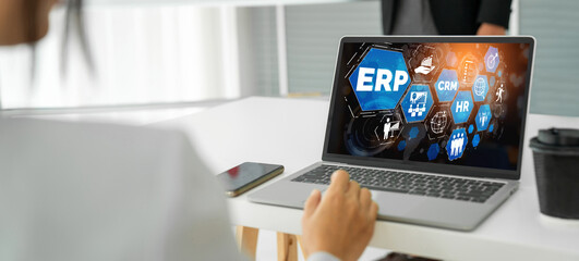 ERP enterprise resource planning software for modish business to plan the marketing strategy - obrazy, fototapety, plakaty