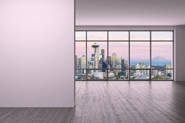Downtown Seattle City Skyline Buildings from High Rise Window. Beautiful Expensive Real Estate overlooking. Empty room Interior. Mockup wall. Skyscrapers Cityscape. Sunset. USA. 3d rendering