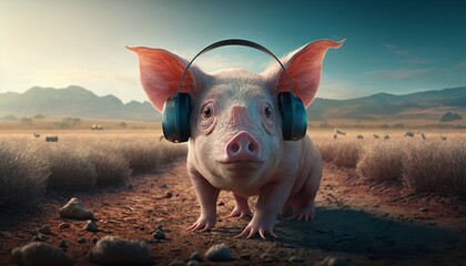 Animal with headphones ,  pig,music , generative AI 