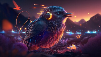 Animal in headphones , birds , music , generative AI 