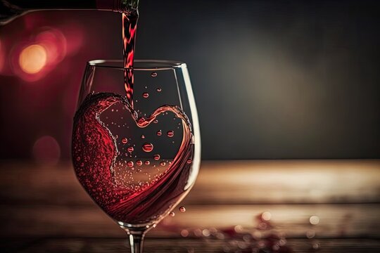 Valentine's Day, Going Out, Expressing Love, and a Party! red wine being poured A glass of wine, blurred background, and selective focus A glass of crimson wine. Wine poured by a sommelier. Today is T