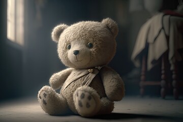 White copyspace surrounds a sweet teddy bear. Generative AI