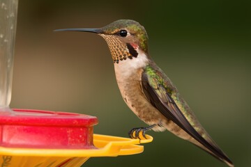 Fototapeta premium Backyard hummingbird, probably a ruby throated, with a feeder. Generative AI