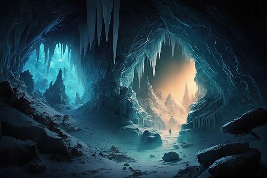 an illuminated cavern with ice stalagmites and stalactites illuminating the frozen cavern, created with generative ai