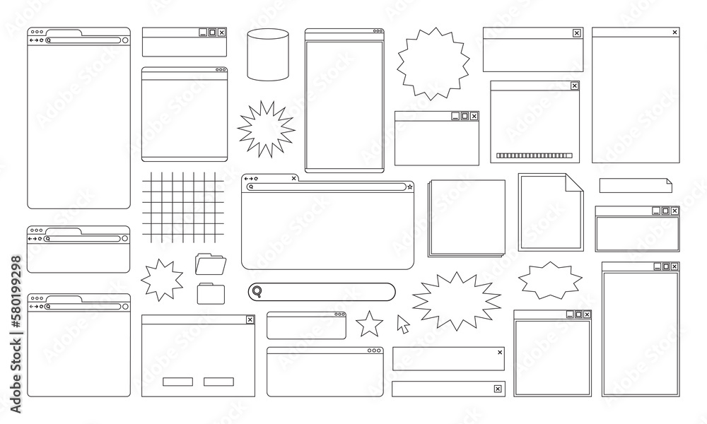 Poster lined retro user interface , icon website and computer 90s, set desktop program, windows boxes.