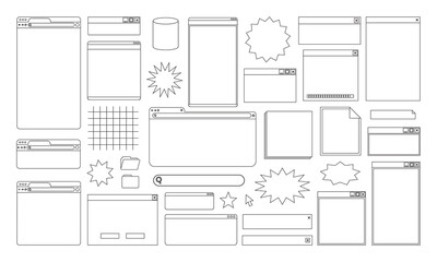 Lined Retro User Interface , Icon Website and Computer 90s, Set Desktop Program, windows boxes.