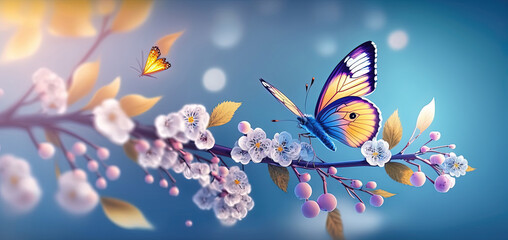 Fototapeta na wymiar Beautiful butterfly in flight and branch of flowering apricot tree on light blue and violet background macro. Elegant artistic image nature. Banner format, copy space. by ai generative