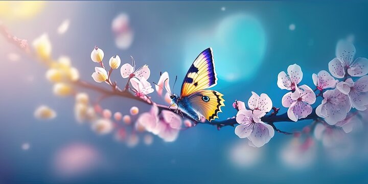 Beautiful butterfly in flight and branch of flowering apricot tree on light blue and violet background macro. Elegant artistic image nature. Banner format, copy space. by ai generative