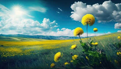 Summer spring natural landscape, Beautiful meadow field with fresh grass and yellow dandelion flowers in nature against a blurry blue sky with clouds. by ai generative