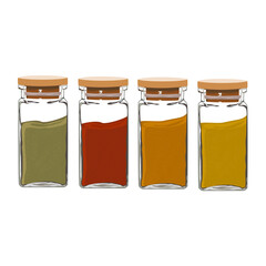 Powder seasoning in square glass bottle, chilly, turmeric, curry and coriander powder. Green, red, yellow and orange spicy in container with lid. Cooking ingredients. Vector drawing on white.  