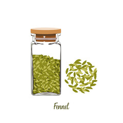 Fennel seeds in square glass bottle with lid and some of fennel seeds outside the bottle. Seasoning vector drawing on withe background. Organic food ingredients. Spice in the container.   
