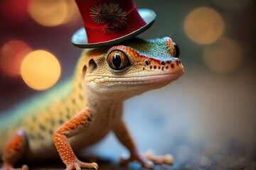 Gecko that welcomes everyone wears a Christmas hat and a bow tie. Generative AI