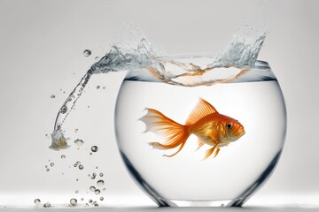 Naklejka na ściany i meble On a white backdrop, a fishbowl with a lone goldfish jumping in to freedom is seen. taken using a 5D Mark III in a studio. Generative AI