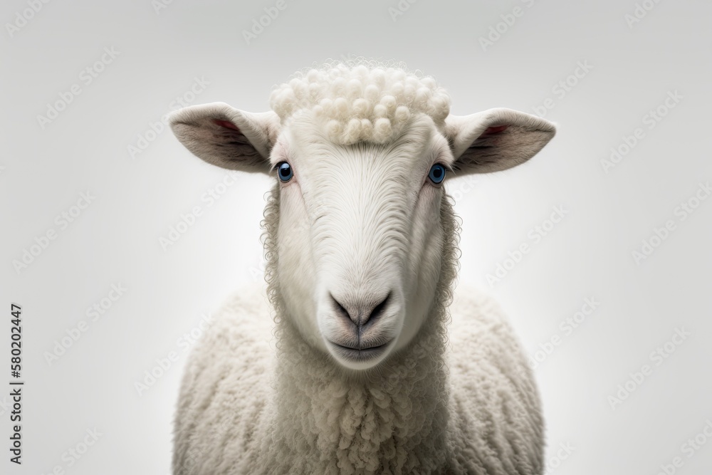 Canvas Prints A white sheep's face only, chewing, looking at the camera, alone, on a white background, with plenty of copy space, and a clean edit. Generative AI