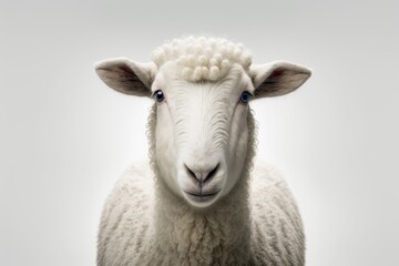 A white sheep's face only, chewing, looking at the camera, alone, on a white background, with plenty of copy space, and a clean edit. Generative AI