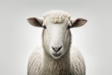 Fototapeta premium A white sheep's face only, chewing, looking at the camera, alone, on a white background, with plenty of copy space, and a clean edit. Generative AI