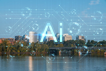 Panoramic view, Washington towards Arlington financial downtown, city skyline over Potomac River. Virginia. Artificial Intelligence concept, hologram. AI, machine learning, neural network, robotics
