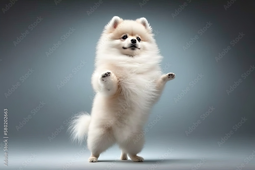 Wall mural Portrait of a cute white Pomeranian spitz posing, dancing, and standing on its hind legs. The idea of movement, a pet dog, a vet, a breed, and a purebred animal. Advertisement space. Generative AI