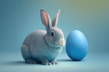 Obraz premium Easter bunny rabbit with a blue egg that has been painted on it. The Easter holiday idea. Generative AI