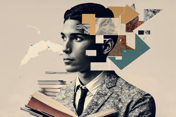 Knowledge and science man with books artistic graphic collage - Generative AI illustration - obrazy, fototapety, plakaty