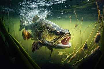 Bass Fish attacking created with Generative AI Technology, ai, generative - obrazy, fototapety, plakaty